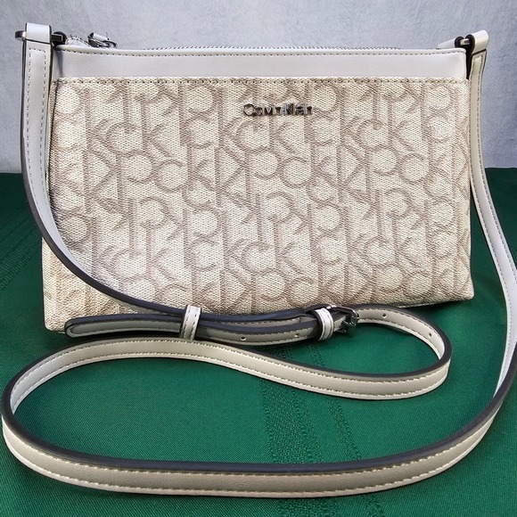 Calvin Klein Monogram Print Crossbody Bag Designer Purse Handbag Neutral - Picture 1 of 16
